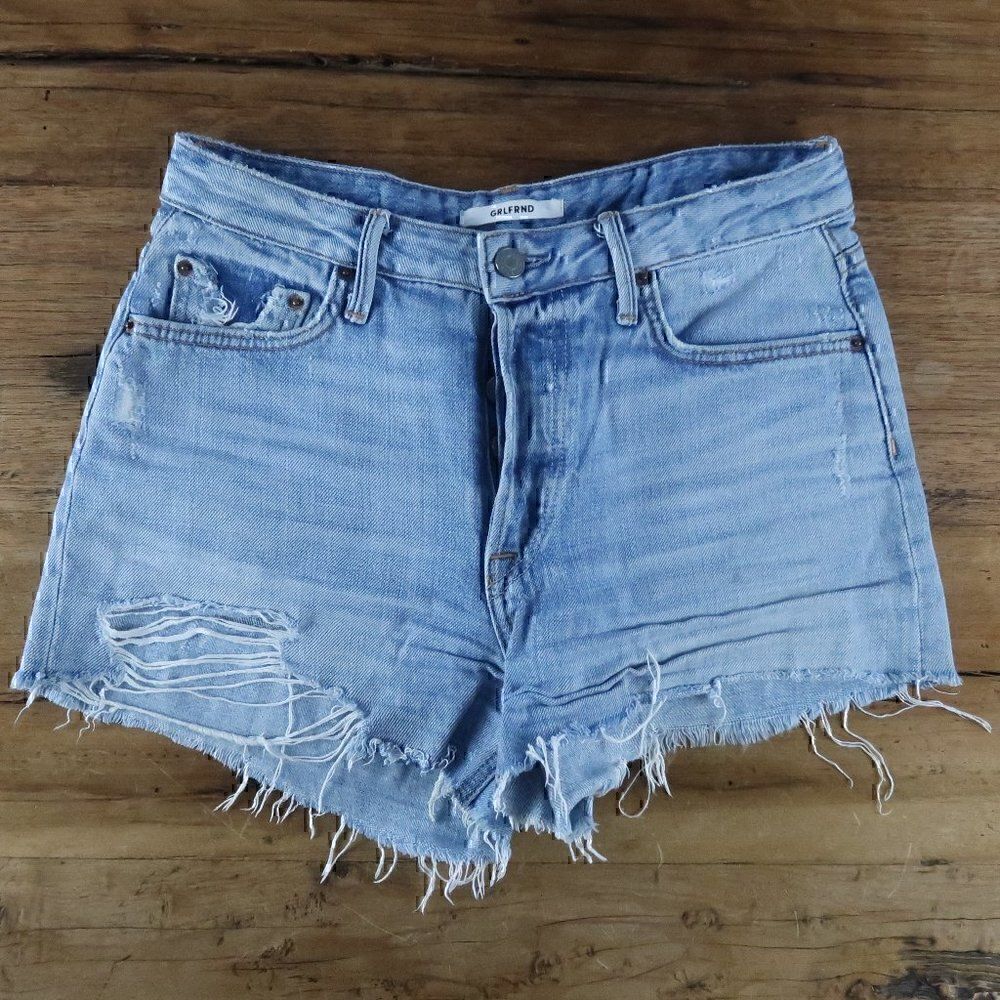 GRLFRND HELENA TAINTED LOVE DISTRESSED CUT OFF BUTTON FLY BLUE JEANS SIZE 25